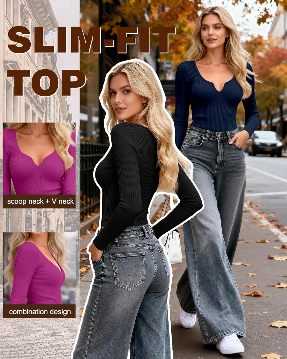 3 Pack Women's Long Sleeve Shirts Cotton Ribbed Scoop Neck Vnotch Tops Slim Low Cut Stretch Basic Tees - Image 4