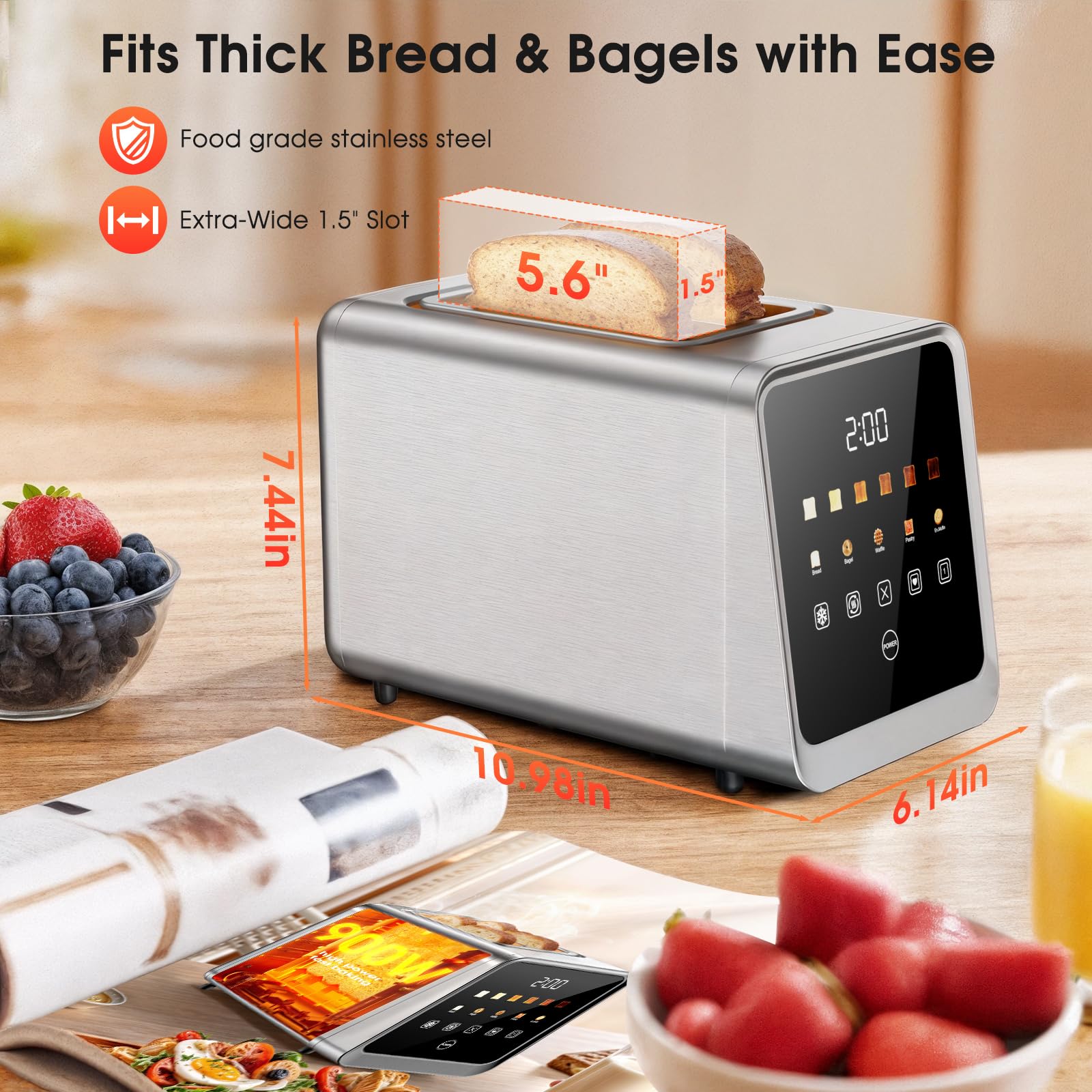 2 Slice Toaster with Touch Screen, 1.5" Wide Slot for Bagels, Smart Digital | Toasters with Single Slot Toasting, Memory Function, 5 Bread Types & 6 Shade Settings, Defrost, Reheat, Removable Crumb Tray