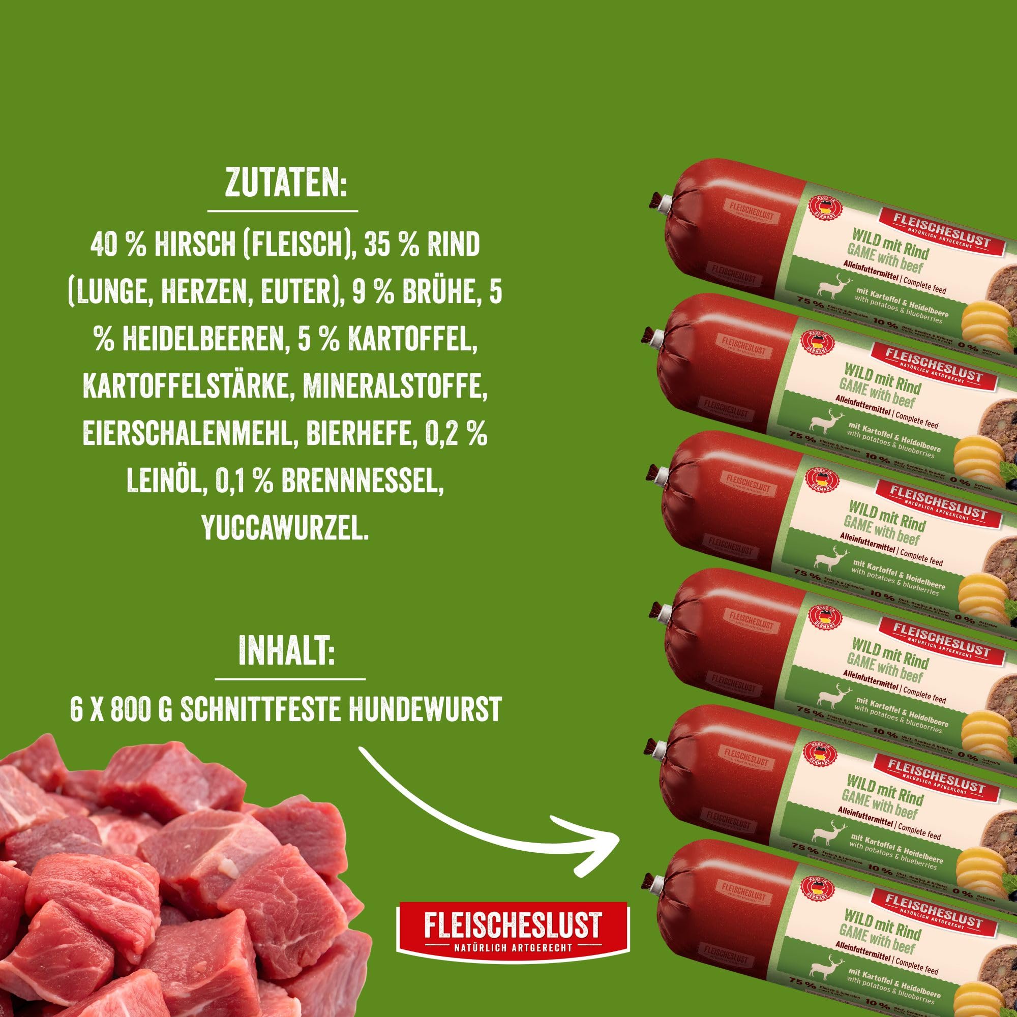 Fleischeslust Salchichas para perros, caza y ternera con patatas y arándanos, 6 x 800 g, comida húmeda, resistente a los cortes, sin cereales, pienso completo para perros adultos