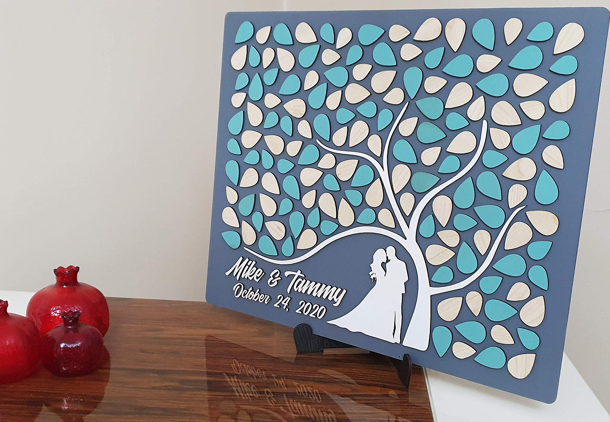 Handgefertigtes & handbemaltes Gästebuch für Hochzeiten, 3D-Holz, Baum und Blätter, personalisierbar, 150 Stück, Rot, 50 x 40 cm