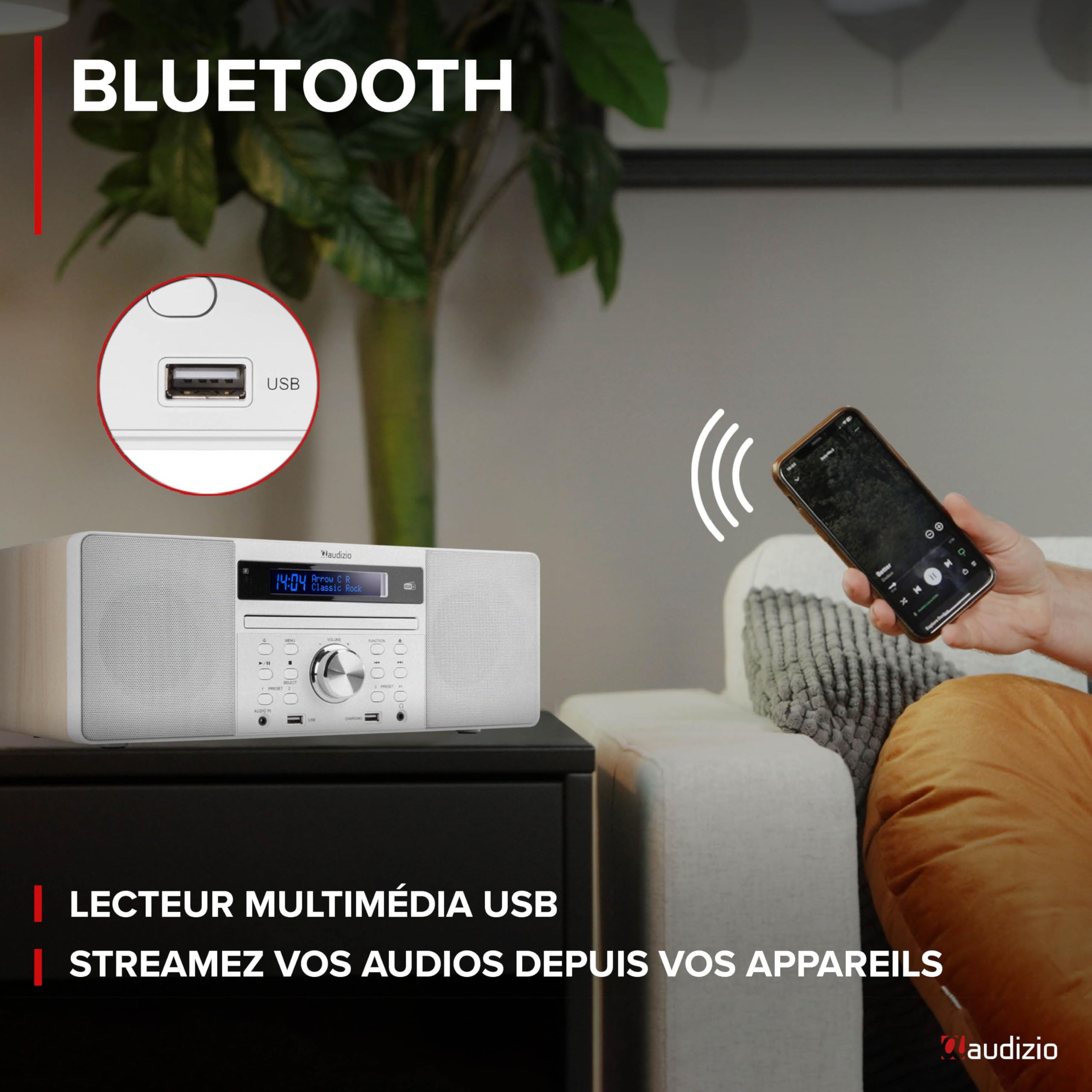 Audizio Prato Radio Dab+ et Lecteur CD avec Technologie sans Fil Bluetooth, Écran LCD, Fonction Horloge et Veille, 2X Port USB, Entrée AUX, Sortie Casque, Télécommande Incluse, Couleur Blanc