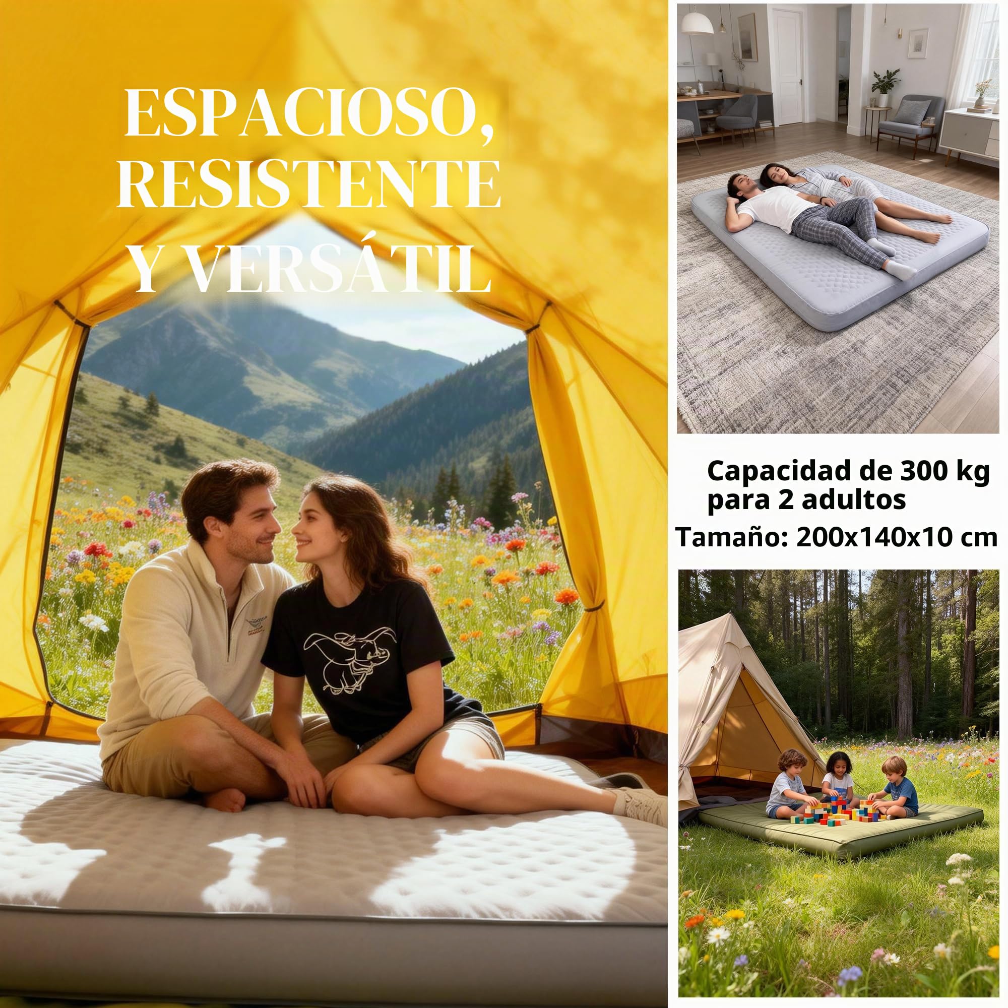Origem Colchón Hinchable Doble Camping 200×140cm Bomba Eléctrica Integrada | 10 cm de grosor, Auto inflado y desinflado rápido, superficie de espuma para dormir en casa, camping, viajes y senderismo.