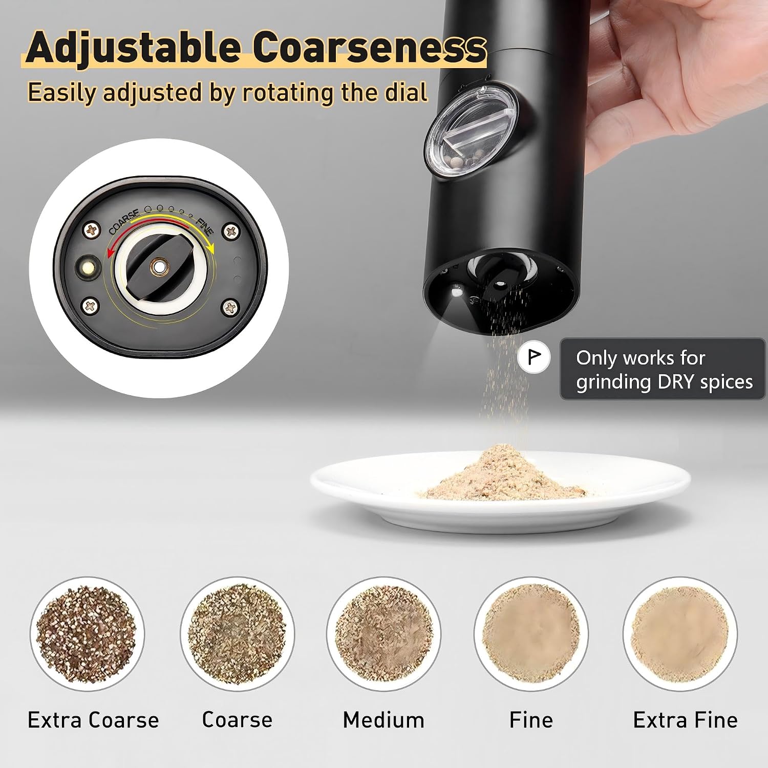 Electric Salt and Pepper Grinder Set Salt Mill, Battery Powered Automatic Pepper Mill, Ceramic Grinder with Adjustable Coarseness, LED Light, Refillable, One Hand Operation (set)