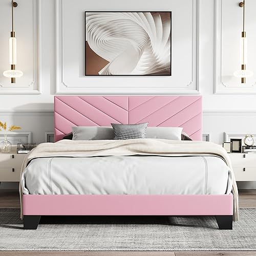 Miniatura 14 de Cama de plataforma tapizada de tamaño matrimonial, base de cama matrimonial con cabecera copetuda, marco resistente y listones de madera,