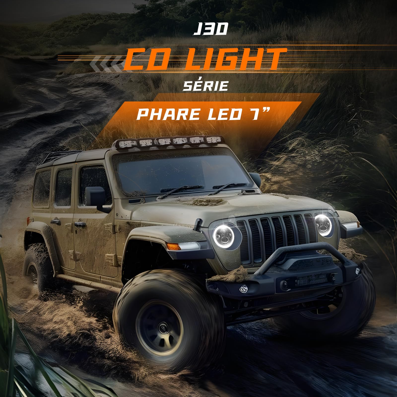 CO LIGHT 7” Rond Phare Voiture OffRoad, Blanc HI LO Beam, Blanc Ambré Halo DRL/Clignotant, 6000K 12V/24V