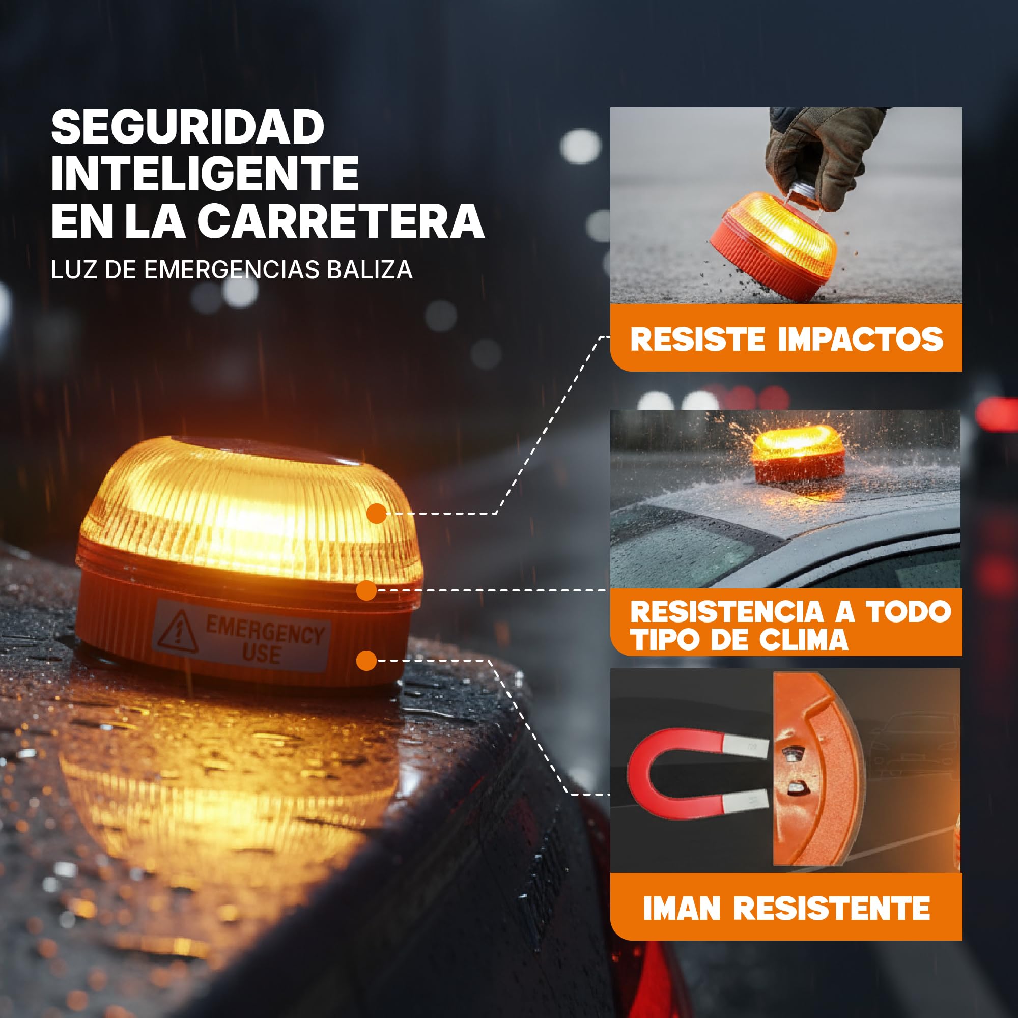 Luce di Emergenza LED V16 - Segnale Stradale ad Alta visibilità - Base Magnetica e Custodia Protettiva - Funziona con Pile AAA+ (Incluse) - 4 modalità di Luce per Sicurezza Auto e Moto