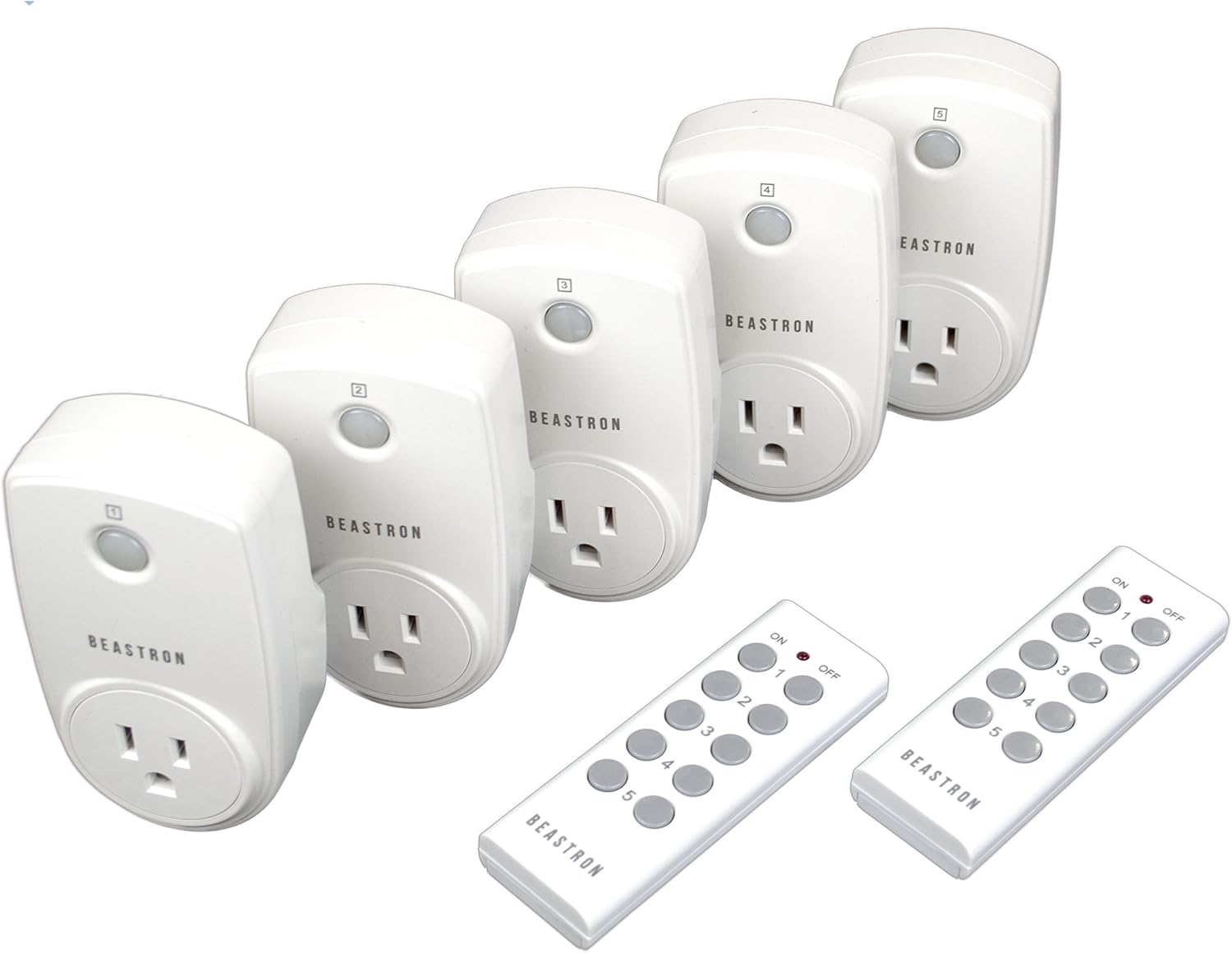 Beastron Remote Control Outlet Switch Power Plug in for Household Appliances, Wireless Light Switch, Up to 100 ft. Range, Fcc Certified, ETL Listed, White (Learning Code, 5RX-2TX)