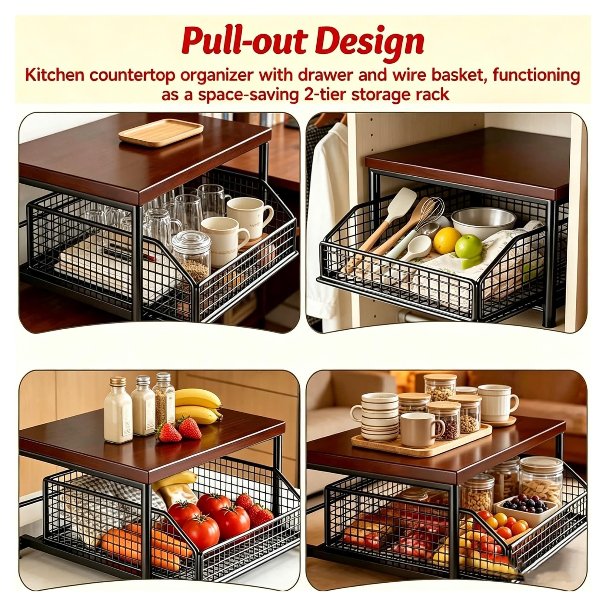 Organizzatore Piano Legno 2 Piani Cassetto Cesto Metallo Cucina Camera