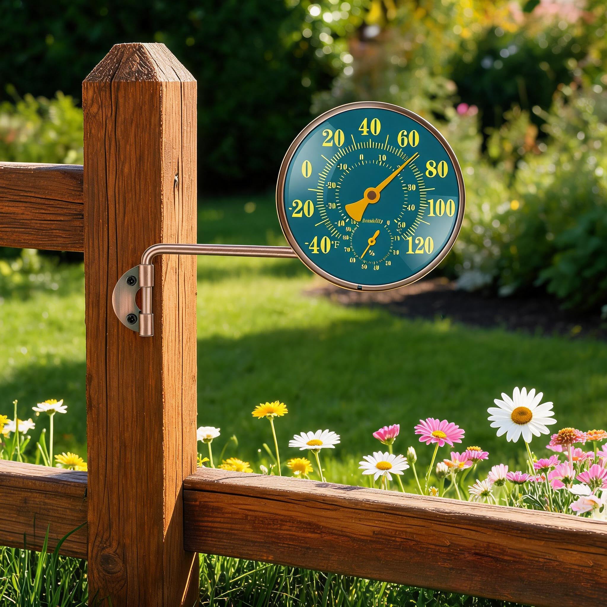 10,2 cm Messing-Außenthermometer, Messing-Schwenk-Temperaturmessgerät mit Luftfeuchtigkeit, Analog-Temperaturanzeige, Außen-dekoratives Thermometer für Terrasse, Fenster, Gewächshaus, Garage (lange