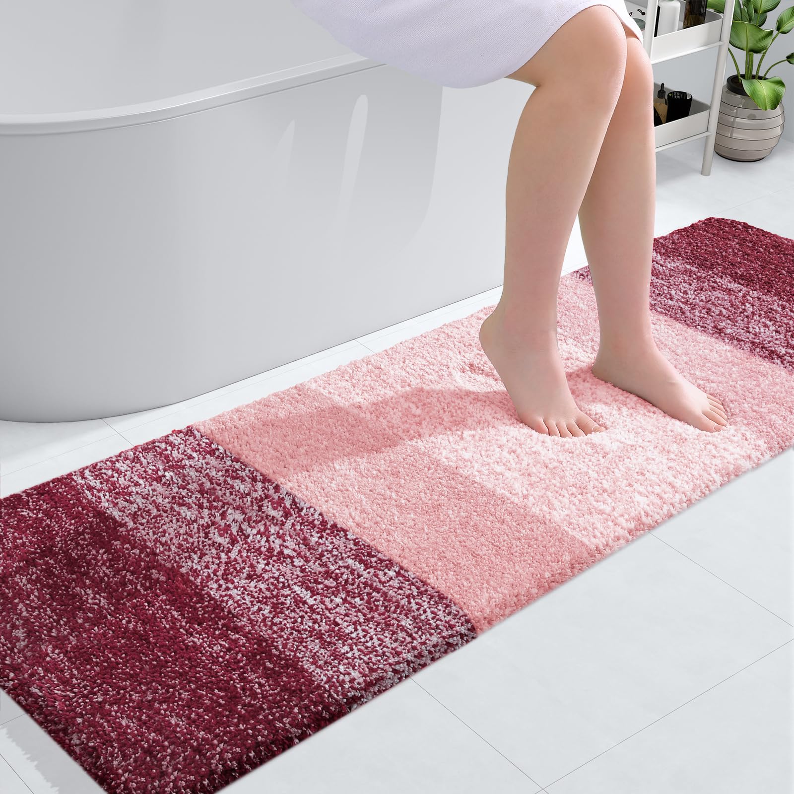 OLANLY Bathroom Runner Rug 59x20, Extra Soft Absorbent Microfiber Bath Rugs | Red, Non-Slip Quick-Drying Rubber Backing, Machine Washable Long Bath Mat for Floor, Tub and Shower, Home Decor Accessories