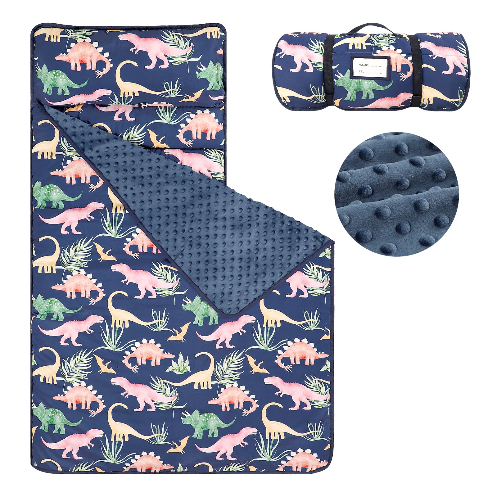 SWESEN Toddler Nap Mat for Preschool, Soft Kids Nap Mat with Removable Pillow and Minky Blanket, Extra Large Rolled Daycare Sleeping Bag for Boys
