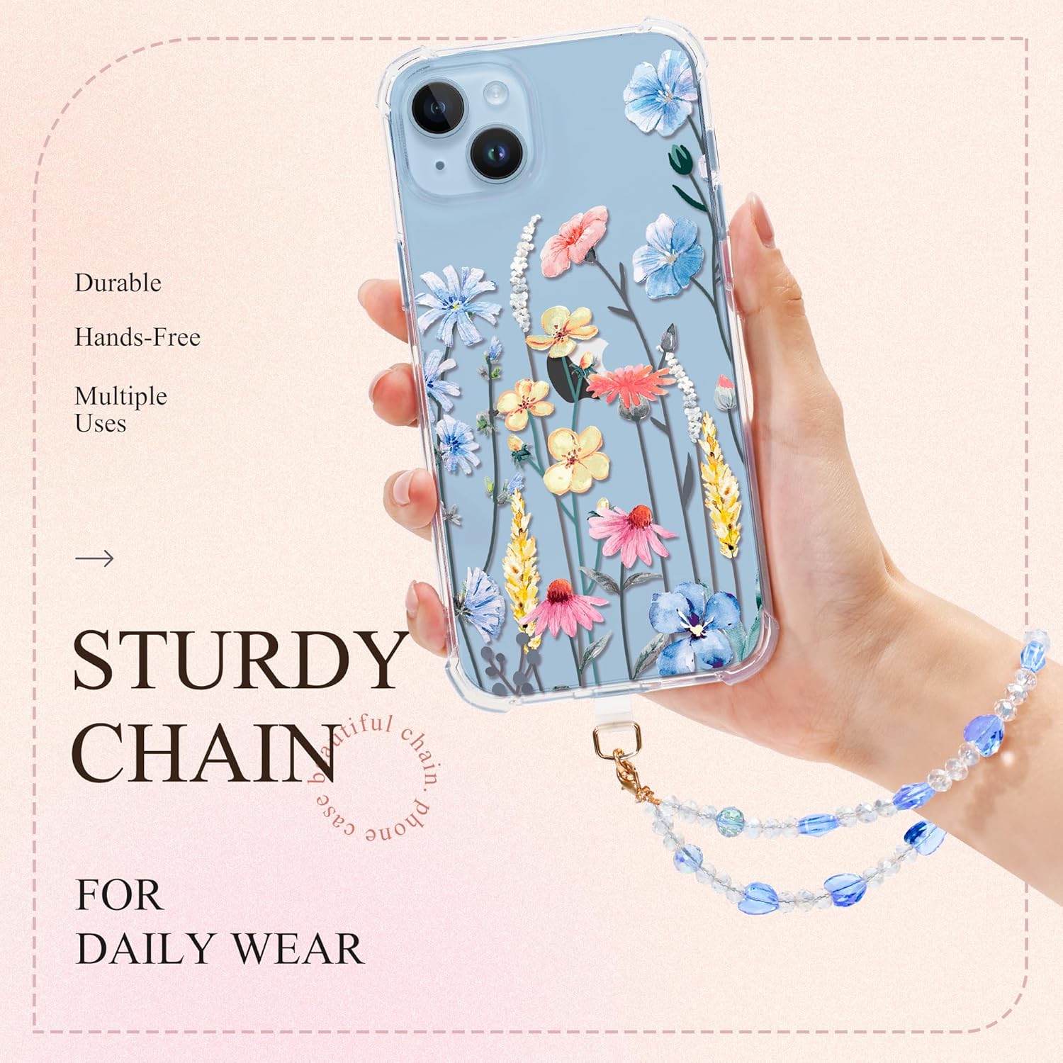 GVIEWIN Phone Charm Beaded Wrist Strap with Tether Tab, [Hands-Free & Anti-drop] Detachable Phone Chain Wristlet for Women Girls for iPhone & Most Smartphones, Blue Love - Image 2