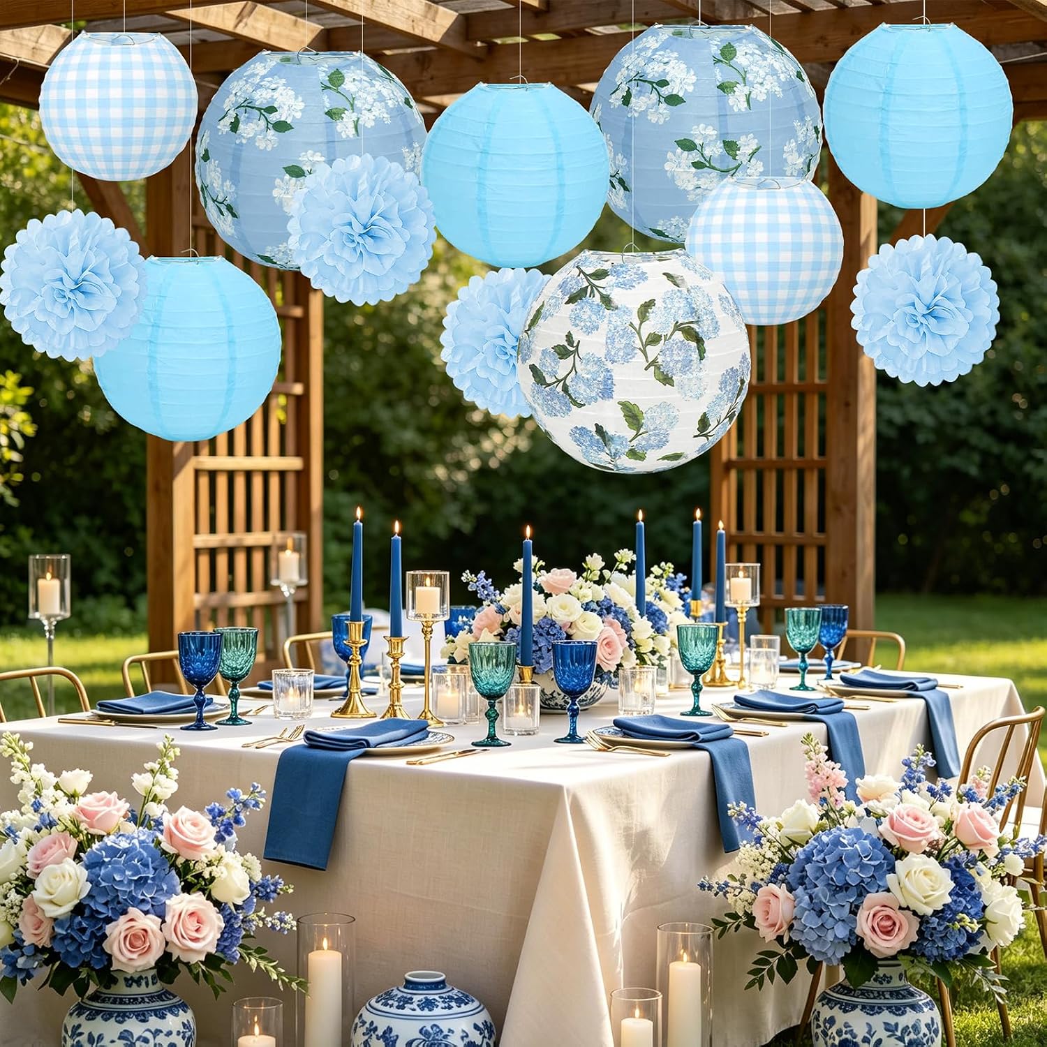 FYSUIMU 14 Pcs Hydrangea Lantern Decor Summer Blue Floral Plaid Paper Lanterns with Tissue Paper Pom Poms for Summer Wedding Bridal Baby Shower Birthday Flower Tea Party Supplies
