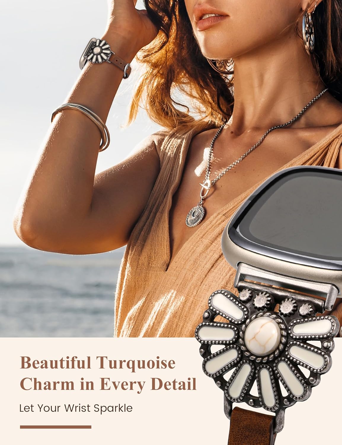Moolia Turquoise Strap Compatible with Fitbit Versa 4/Versa 3/Sense 2/Sense Band for Women Slim Strap, Boho Western Vintage Ethnic Antique Style Strap for Versa 4/Versa 3 Watch Band