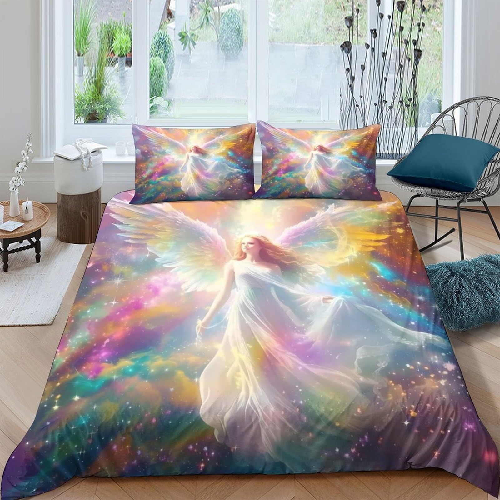 Ctjqhvkz Style-9 3D Printed Angel Aurora Fitted Sheet Microfiber Anti-Slip Artistic Mattress Cover For Bedroom Guest Room Easy Care Single（135X200cm）
