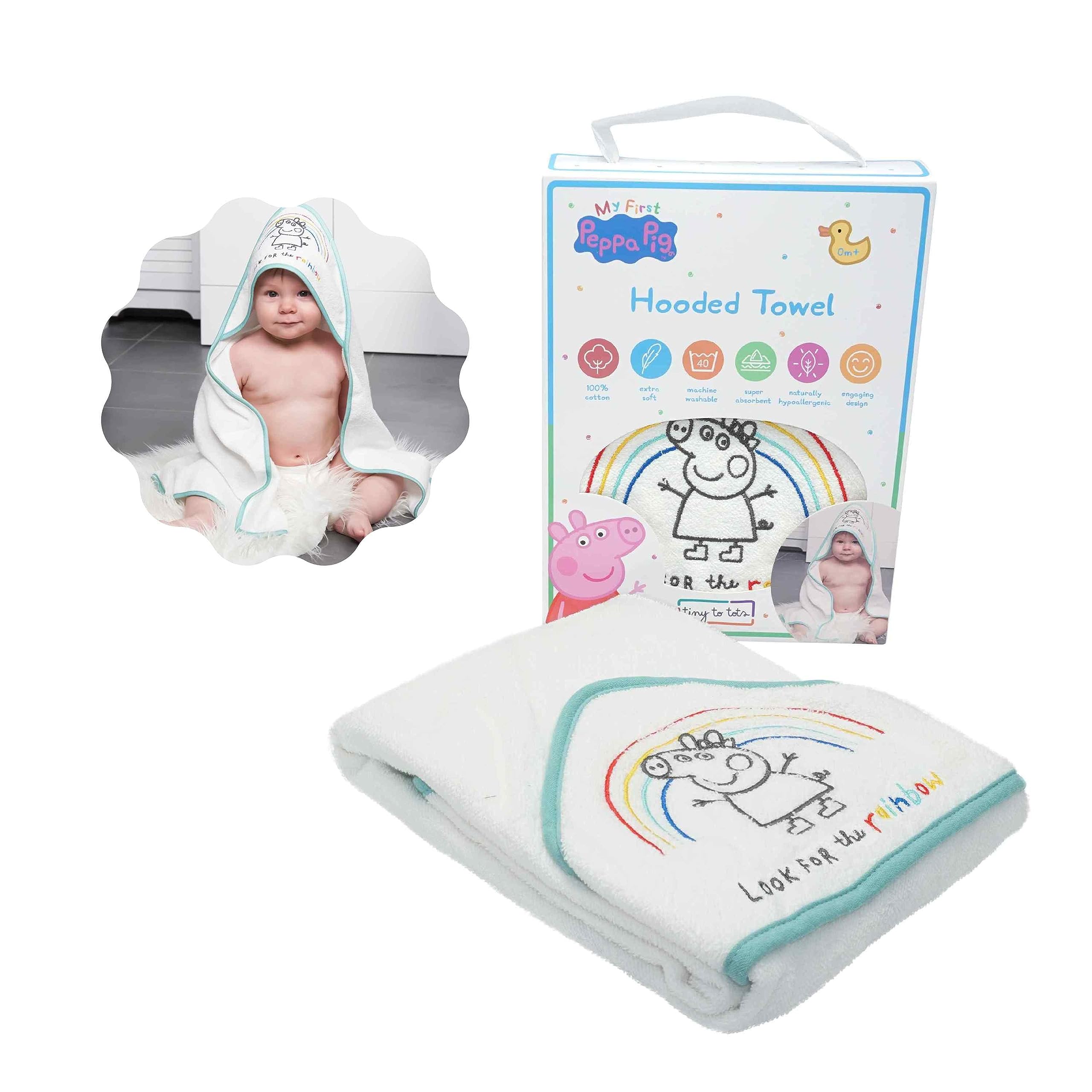 SRV Hub Peppa Pig Poncho Baby Bath Towel with Hood Ultra Soft Cotton Hooded Towel, Safe Soft Apron for Babies Bathtime 6+M, Travel, Summer Beach, Xmas Gift Bathroom Towel 75 x 75 cm