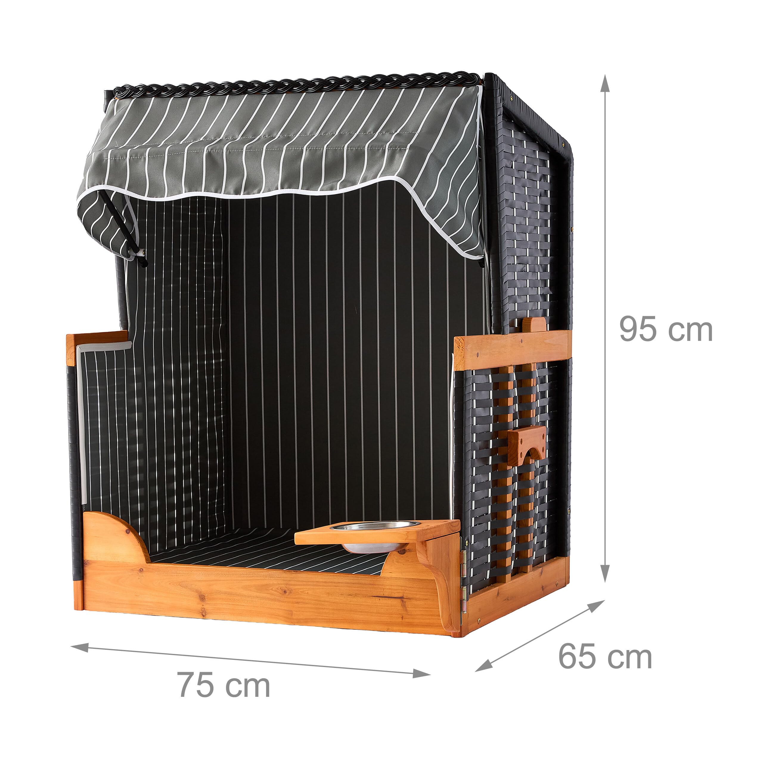 Relaxdays .ano per Cani in Rattan con Ciotola, tettuccio Parasole, 95x75x65 cm, Giardino/terrazza, Grigio