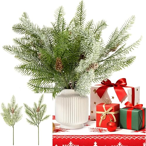 Christmas Artificial Pine Branches - 6PCS Faux Christmas Greenery Tree Branches with Pine Cones for Decoration Home Kitchen Indoor Holiday Table Decor Green with Flocked Snow Powder