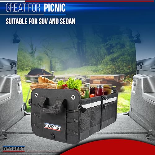 Miniatura 7 de Deckert Organizador de maletero para automóvil, SUV, poliéster Oxford 600D, plegable, múltiples compartimentos, correas de seguridad, adecuado para