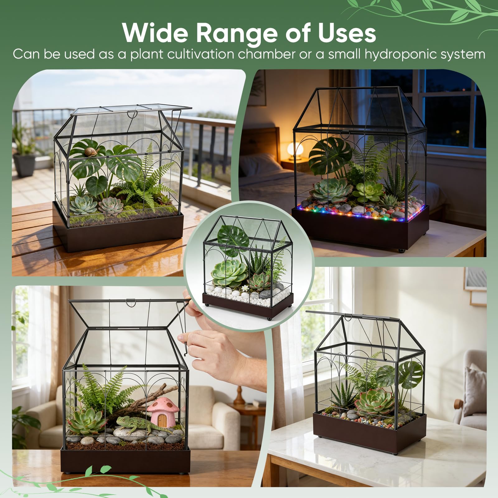 Mini Gewächshaus, 24x14,5x28cm Terrarium mit Aufklappbarem Glasdeckel, Volltransparentem Glas und Bodenwanne,Fensterbank Innen Gewächshaus aus Metallglas für Wohnzimmer und Büro auf der Fensterbank