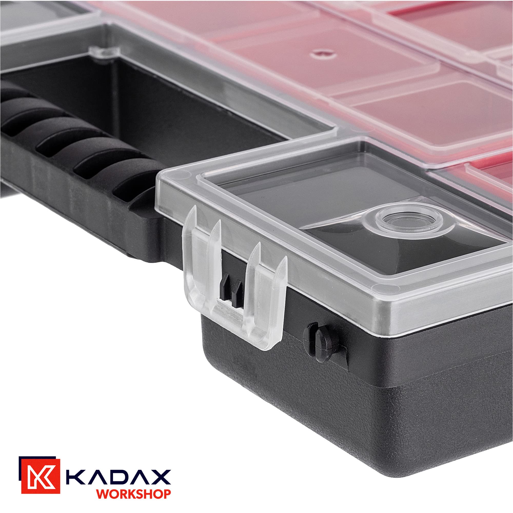 KADAX Organizer con Coperchio Trasparente – Cassetta Porta Minuteria a Scomparti per Viti, Bulloni, Ferramenta, Officina e Garage – Plastica Resistente (28 x 18 cm, 12 Pezzi)