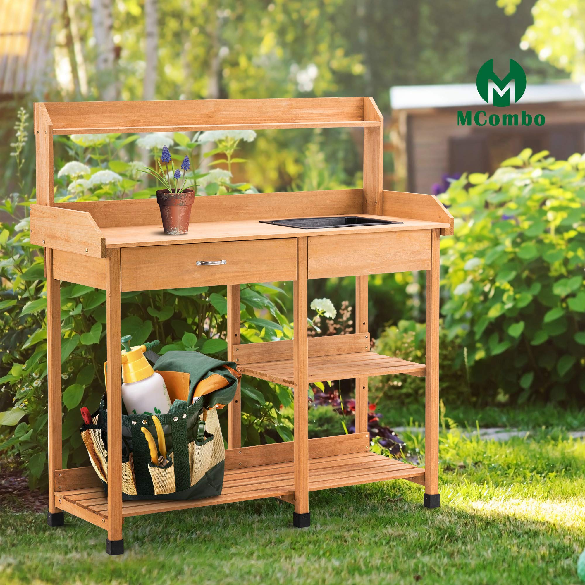 MCombo 0458 - Tavolo da giardino con lavabo e ripiano in legno, resistente alle intemperie, 115 x 45 x 121 cm, (Naturale, 115 cm (L) x 45 cm (B) x 121 cm (H))