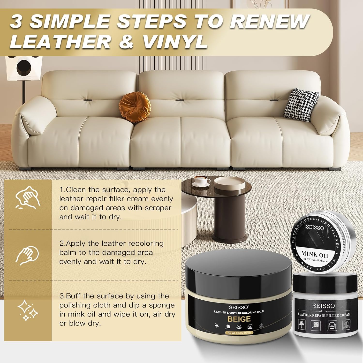 SEISSO Leather Repair Kit for Furniture, Beige Vinyl Repair Kit with Mink Oil for Couches, Color Restorer Conditioner, Leather Recoloring Balm for Scratches, Fading Shoes, Car Seat, Sofa