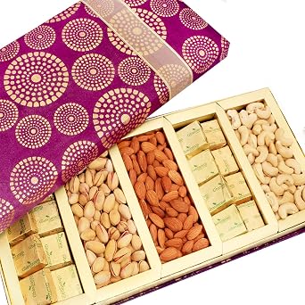 Ghasitaram Gifts Diwali Gifts - Dryfruits - Satin 5 Part Dryfruit and Chocolate Box Hamper