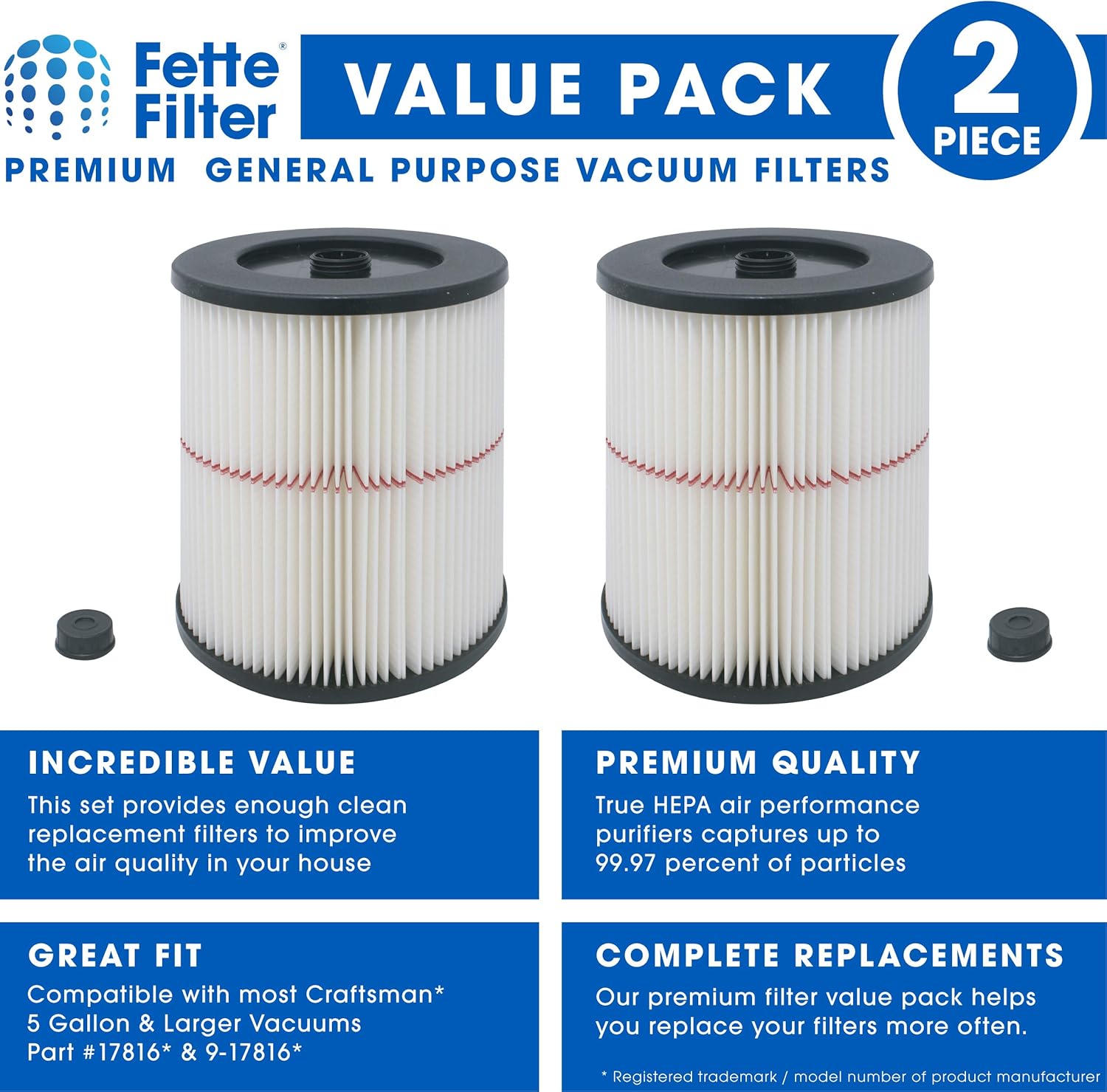 Fette Filter - Pack of 2 - General Purpose Cartridge Filter | Replacement Filter Compatible with Craftsman Red Stripe Vacuums - Compare to Part # 17816 9-17816