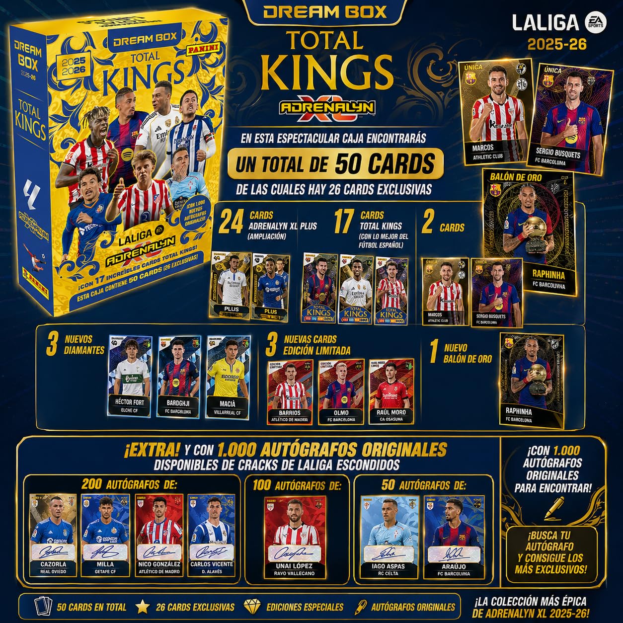 Panini Adrenalyn XL Laliga 2025-26, Megapack de Inicio, Dream Box Total Kings, Blíster con 8 Sobres y Deck Box de Regalo