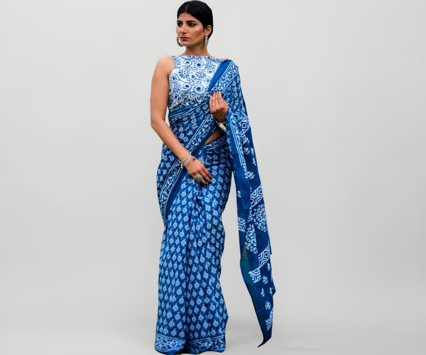 Handicrafts Women's Ikat Hand Block Print Jaipuri Cotton Mulmul Saree with Blouse Piece