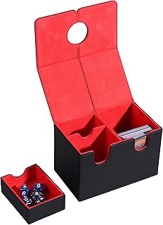 Mtg Deck Box,Card Deck Box with Dice Tray for MTG Cards,200+ Card Storage Box Fits for TCG, PU Leather Collectible Card Case (Black＆Red)