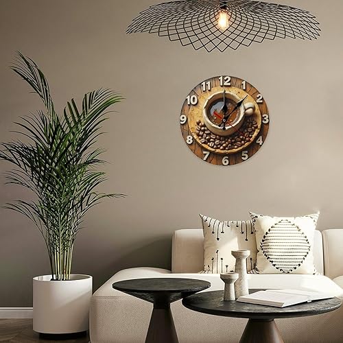Miniatura 5 de Reloj de pared para decoración del hogar, diseño rústico de taza de café marrón, con estampado de taza A, funciona con pilas, silencioso, sin
