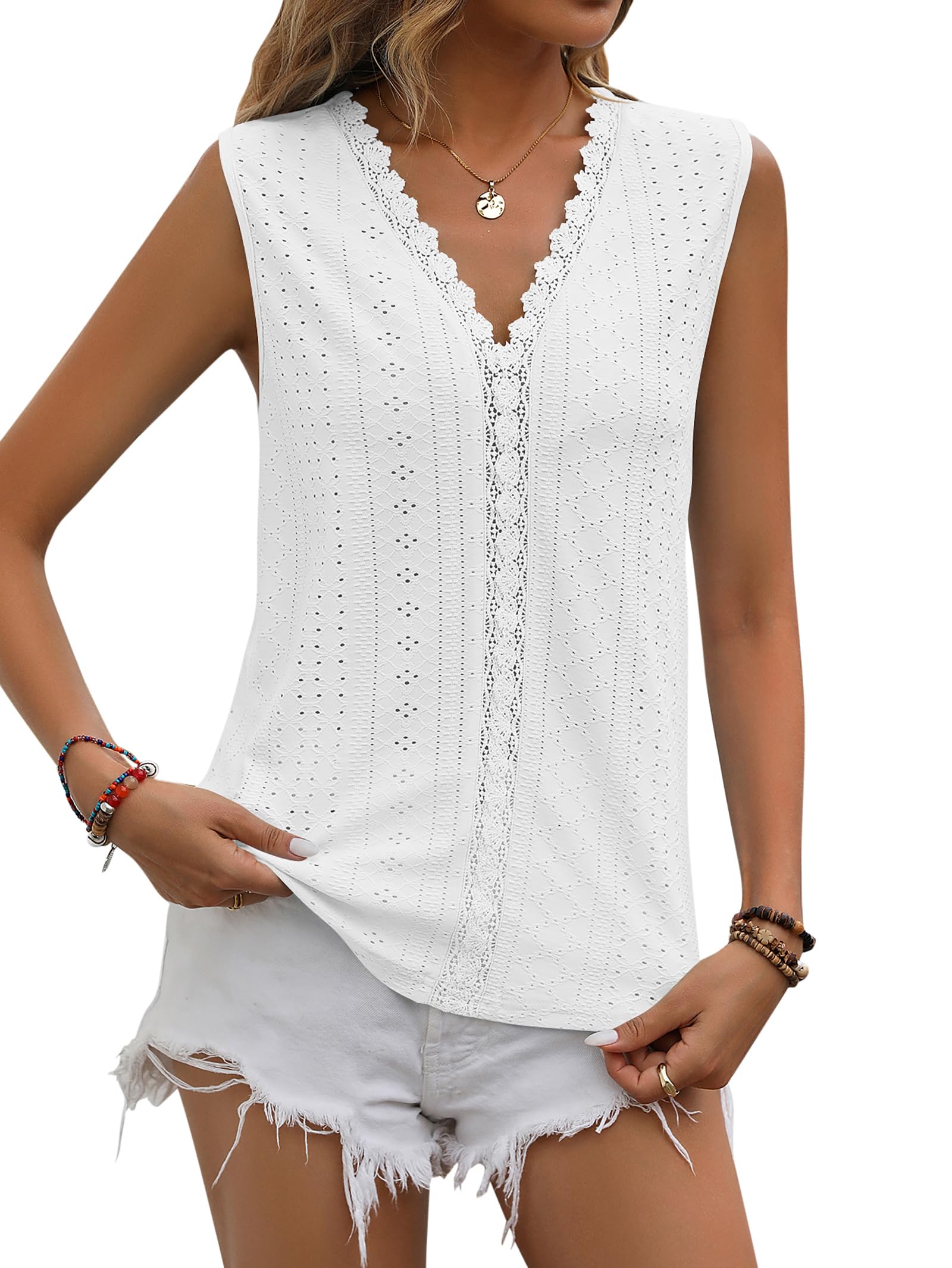LANXUANR Camiseta sin Mangas de Encaje con Cuello en V para Mujer, Blusa Informal para Mujer
