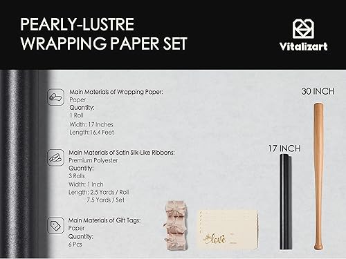 Miniatura 2 de Vitalizart Set de Papel de Regalo Negro 43.2 cm Perlado-Lustre con Cinta de Seda Satinada y Etiquetas de Regalo Reciclables para Navidad,