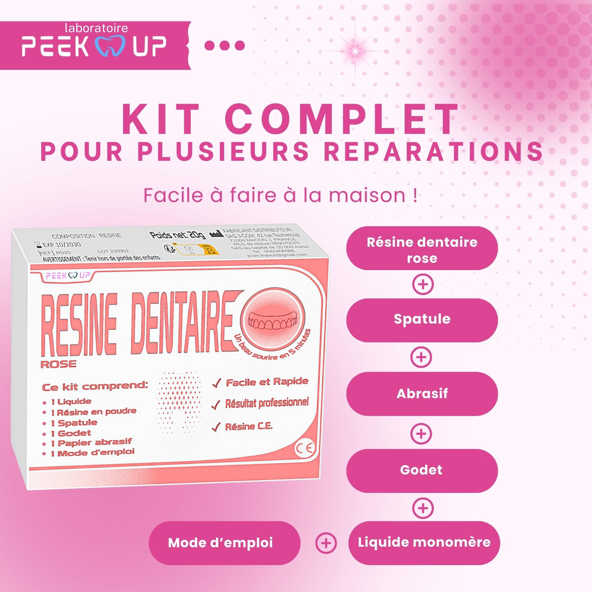 RESINE DENTAIRE ROSE pour réparer une prothèse dentaire, Kit de réparation facile à utiliser et durable pour un sourire radieux
