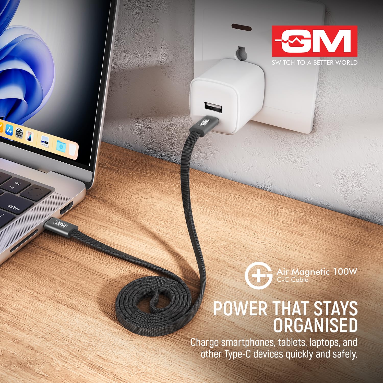 GM G+ Air Magnetic 100W Type-C-C Fast Charging Cable|Ultra-Slim 4.5mm Flat Design|Magnetic Auto-Wrap| 20,000 bend cycles tested|480Mbps Data Speed| Compatible with Laptop, Tablet & Smartphone |120cm — Amazon image 7
