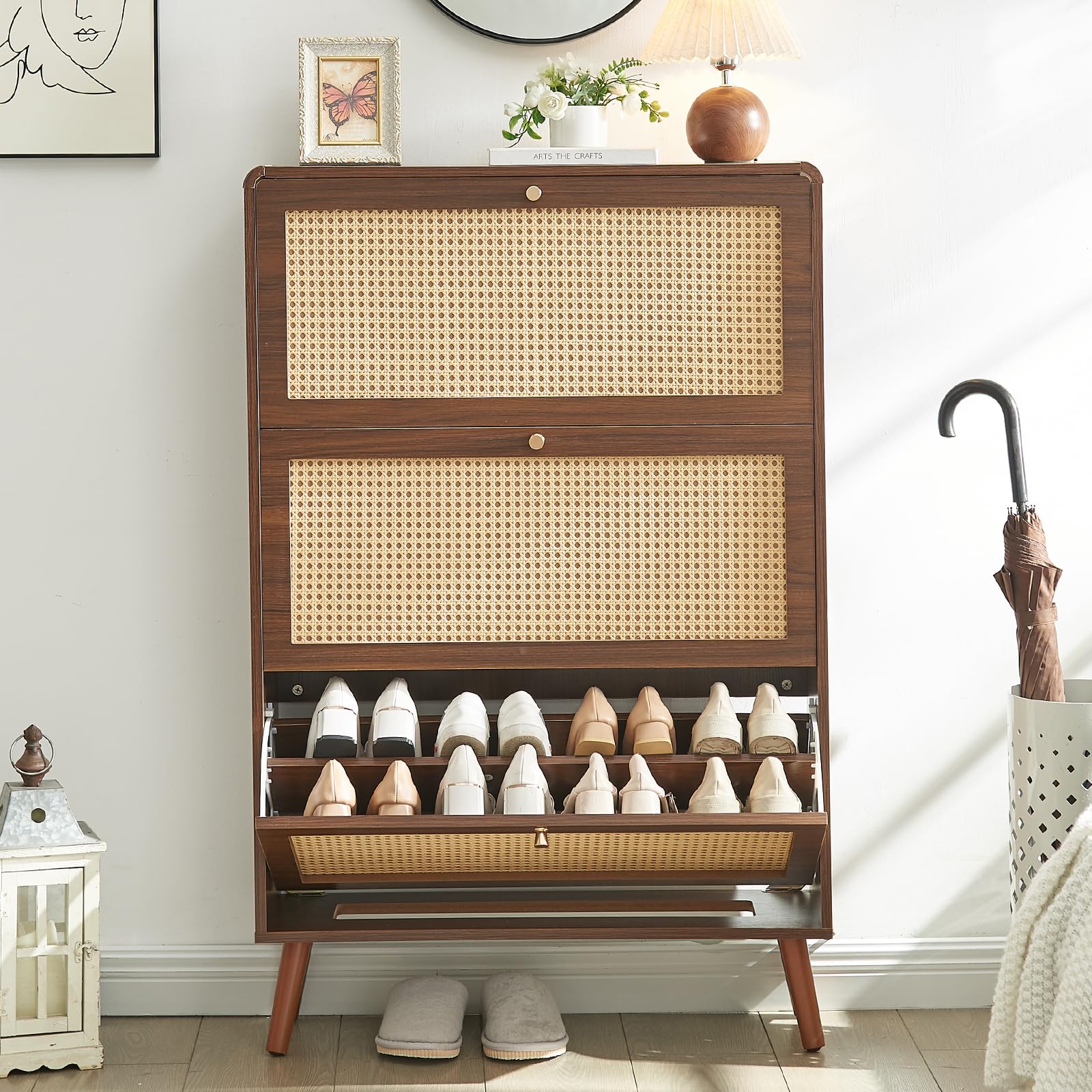 Rattan Shoe Cabinet with 3 Flip Drawers, 24 Pairs Narrow Shoe Storage Cabinet for Entryway Freestanding Hidden Shoe Rack, Modern Slim Wood Shoe Organizer for Hallway, Walnut