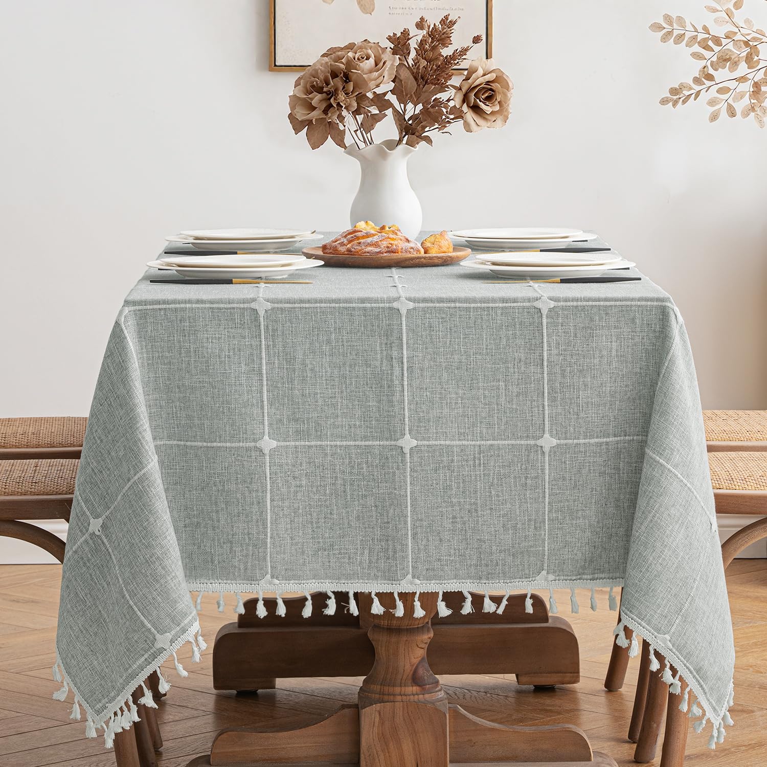 MIULEE Tischdecke Leinenoptik Grau Boho kariert 1er Set 140x180cm