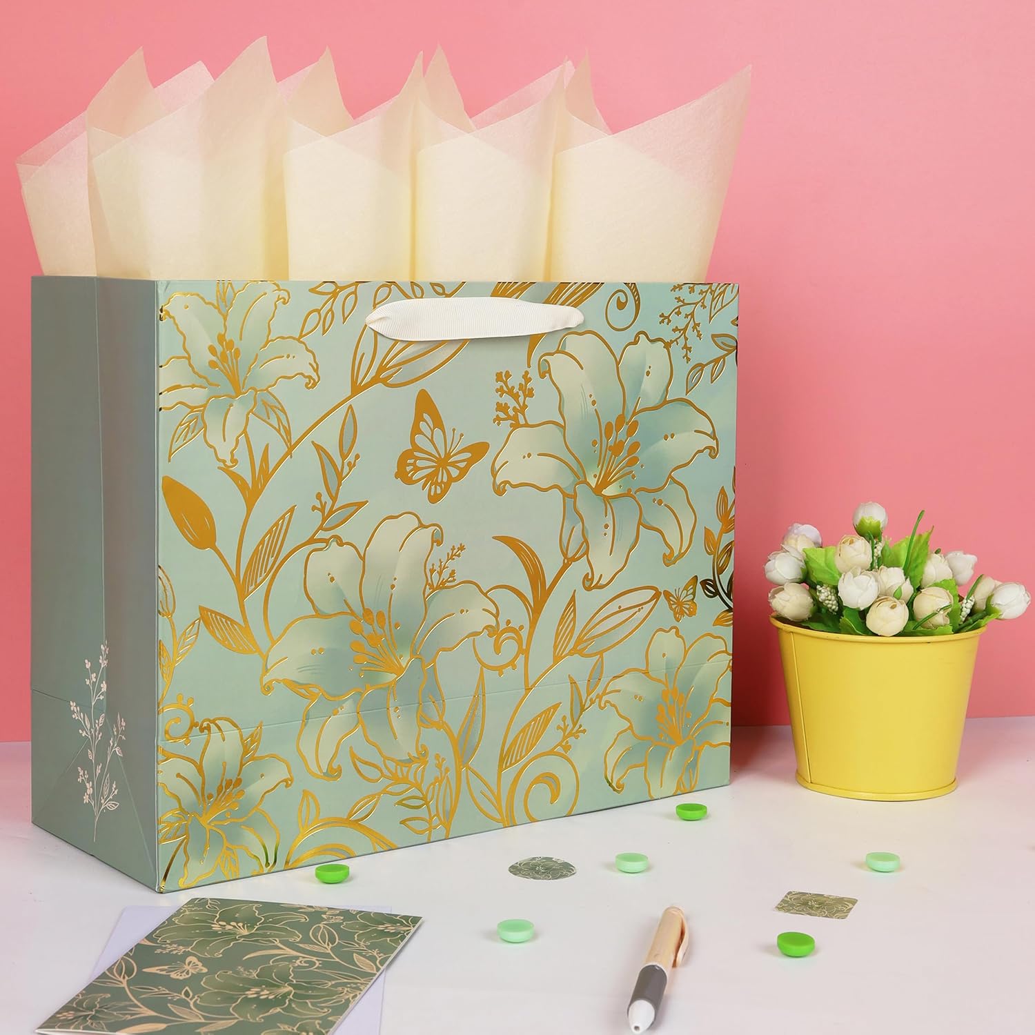 13'' Large Green Floral Gift Bag Set with Handles, Greeting Card, Tissue Papers and Stickers for Women Girls for Birthdays, Valentine's Day, Weddings, Anniversaries, Mother's Day, Flowers Design, 1 Pcs image 5