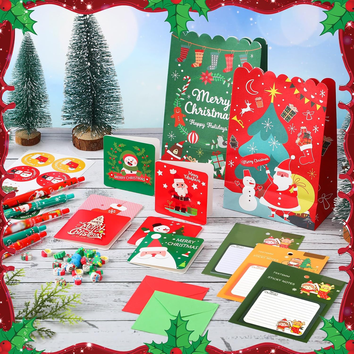 Yeaqee 144 Pcs Christmas Party Favor Bulk Pack Includes Christmas Ballpoint Pens Erasers Sticky Notes Gift Bags Cards and Stickers for Gift Exchange Prizes