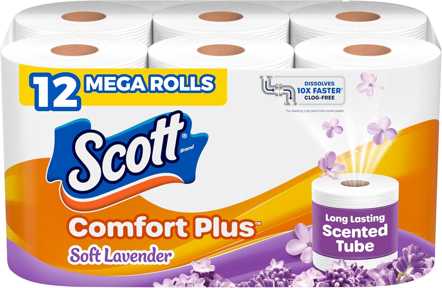 Scott ComfortPlus Toilet Paper with Soft Lavender Scented Tube, 12 Mega Rolls, 310 Sheets per Roll, Septic-Safe, 1-Ply Toilet Tissue Scott ComfortPlus Toilet Paper with Soft Lavender Scented Tube, 12 Mega Rolls, 310 Sheets per Roll, Septic-Safe, 1-Ply Toilet Tissue