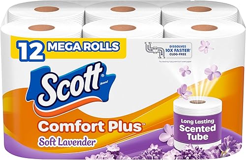Scott ComfortPlus - Papel higiénico con tubo suave perfumado de lavanda, 12 megarrollos, 310 hojas por rollo, seguro para sépticos, papel higiénico