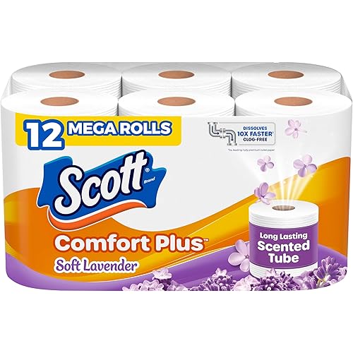 Scott ComfortPlus Toilet Paper with Soft Lavender Scented Tube, 12 Mega Rolls, 310 Sheets per Roll, Septic-Safe, 1-Ply Toilet Tissue