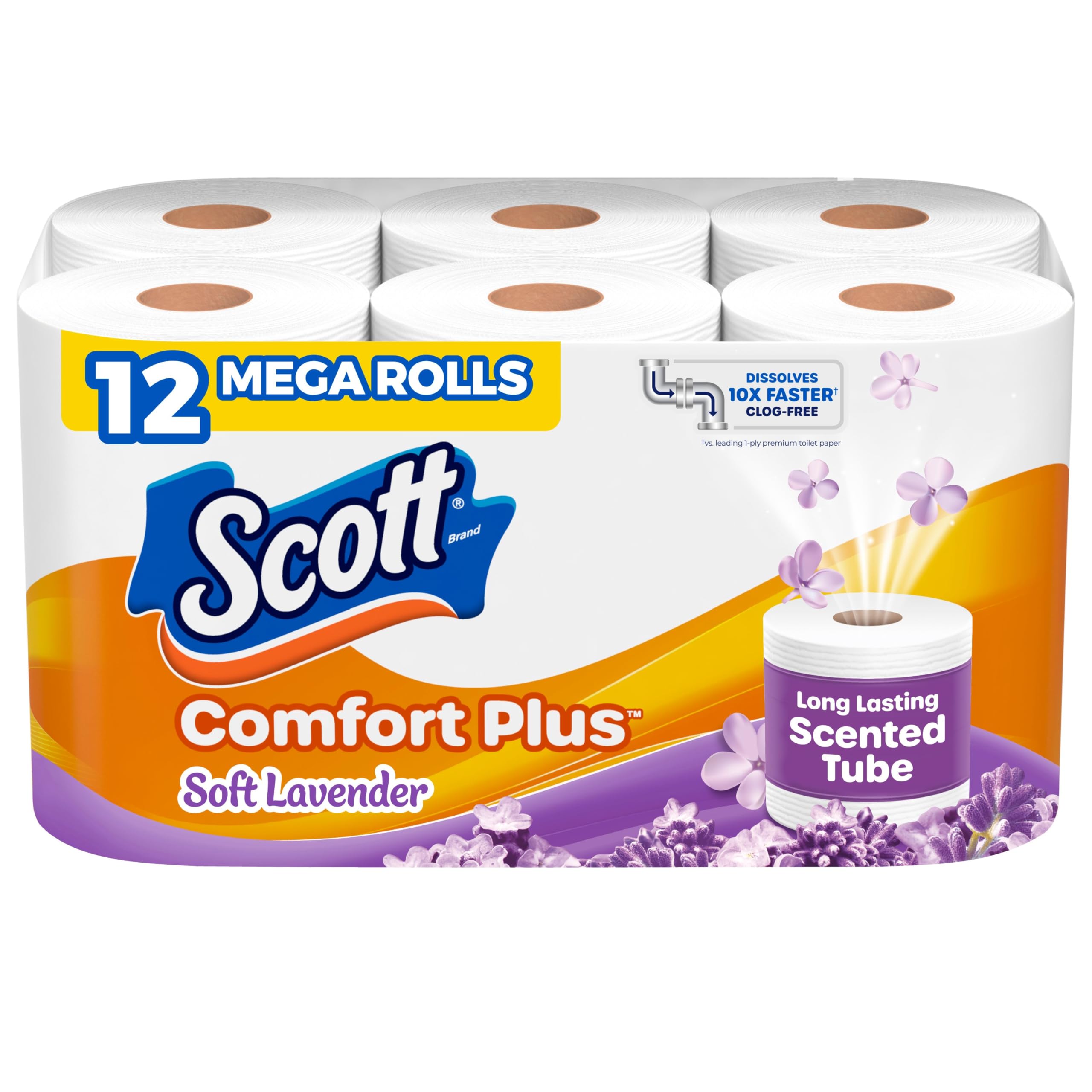Papel higiénico Scott ComfortPlus con aroma a lavanda suave, 12 rollos grandes, 310 hojas por rollo, seguro para fosas sépticas, papel higiénico de una capa