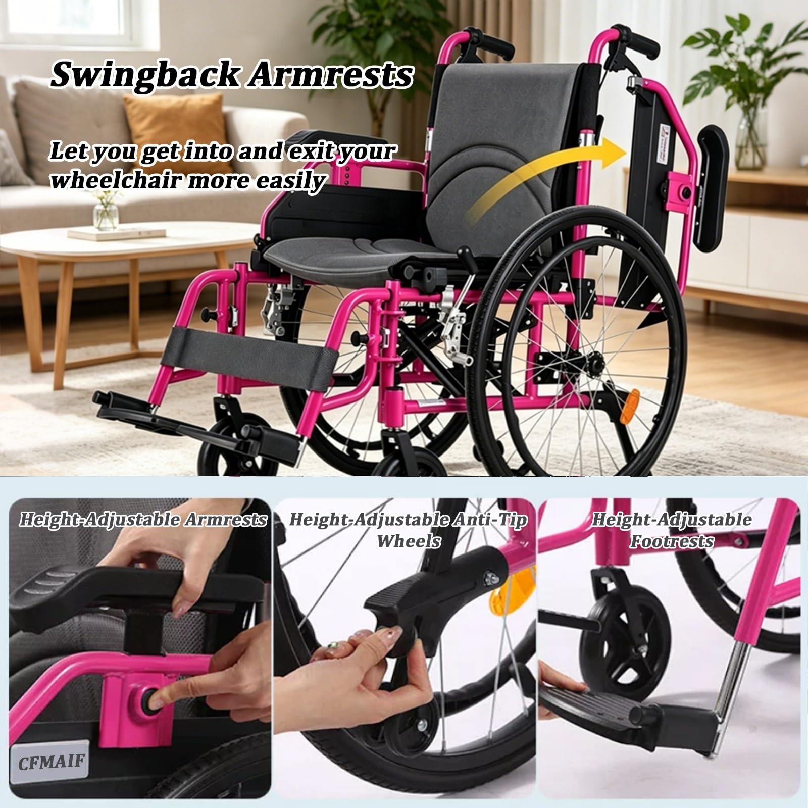 Sedia a rotelle pieghevole, Alluminio, Due sistemi frenanti, Pedane pieghevoli e rimovibili, Sedile 48 cm,Ruote piene(Pink)