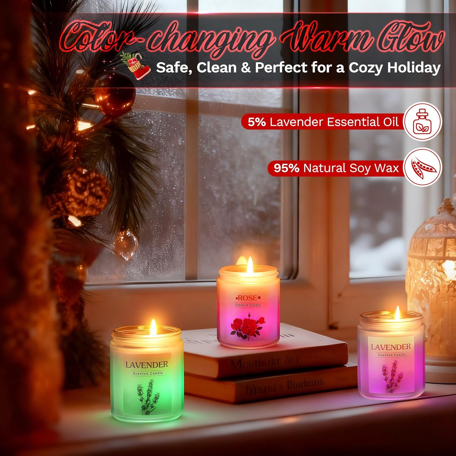 3 Pack Glowing Scented Candles with Sensor Light, 21 Oz Aromatherapy Gifts for Women, Rose Vanilla Lavender Long Lasting Fragrance, Natural Soy Candle for Home Scented