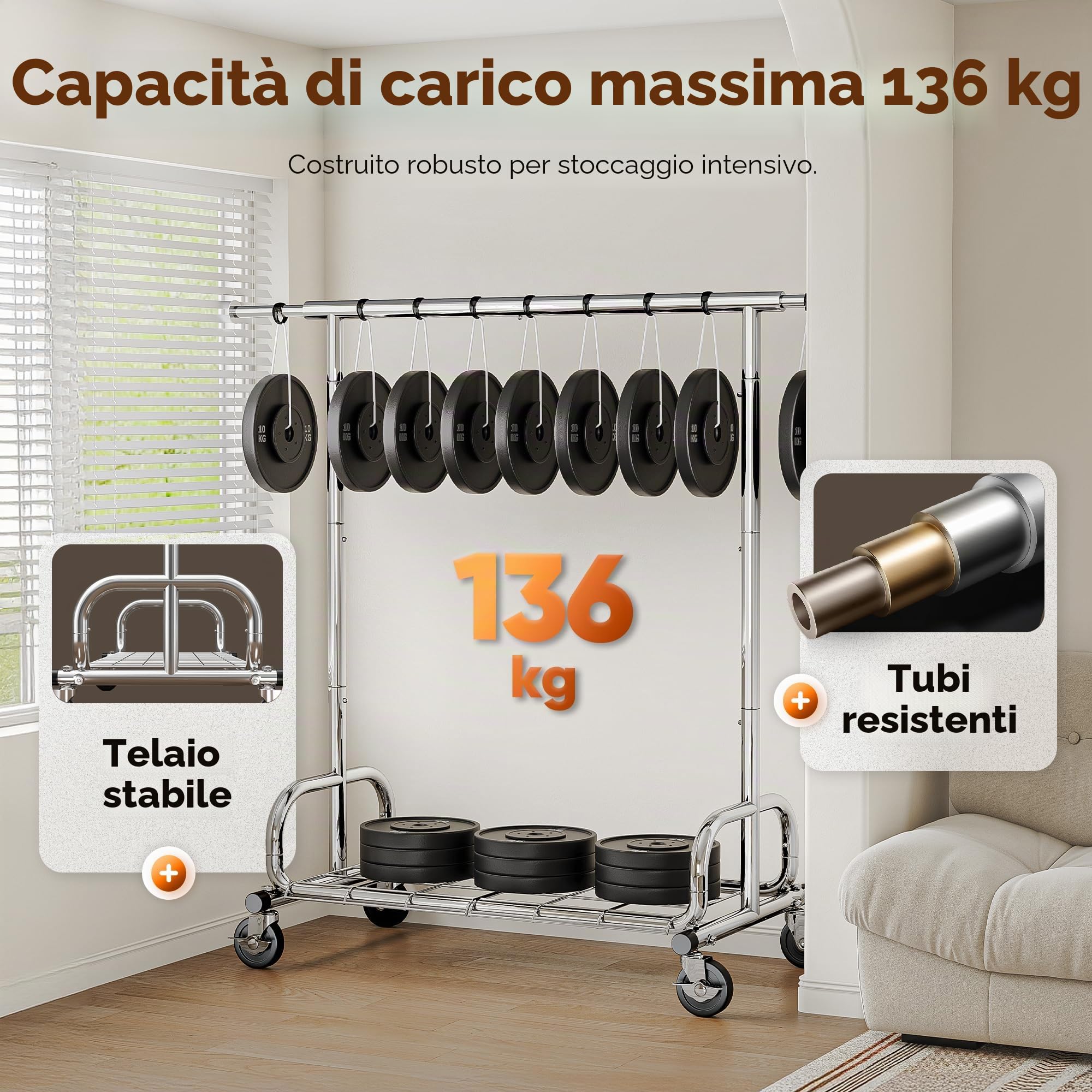HOKEEPER Appendiabiti resistente, capacità 136 kg, appendiabiti estensibile con ruote e ripiani bloccabili, salvaspazio per camera da letto, piccoli appartamenti, lavanderia, argento