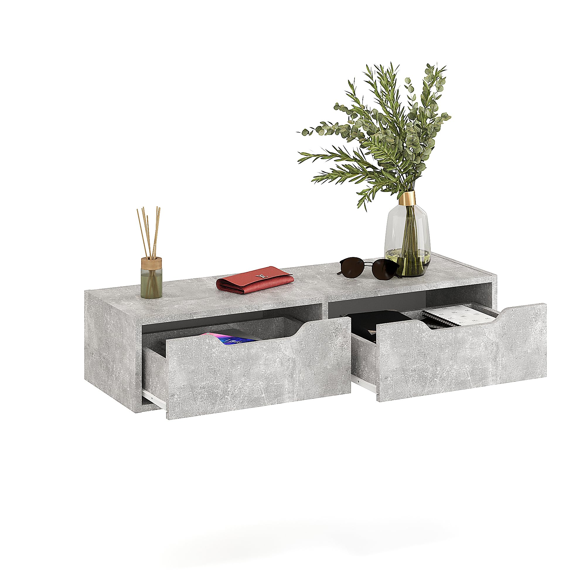 Komto Floating Wall Shelf with 2 Drawers – Concrete Wall Shelf Unit, Wall Mounted Shelf for Bedroom, Living Room or Hallway, Bedside or Dressing Table with Drawers | NOKA 100 x 32.5 x 22 cm — image 1