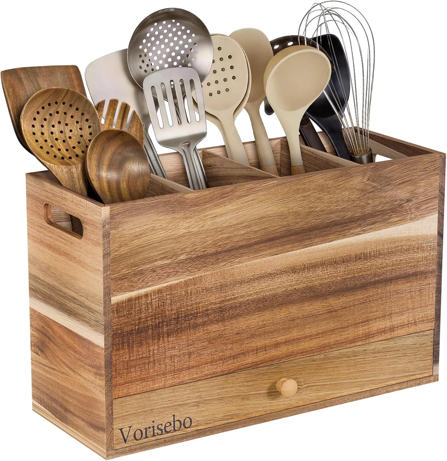 Acacia Wood Kitchen Utensil Holder for Countertop, Large Wooden Utensils Holder with 4 Compartment, Farmhouse Utensil Caddy with Drawer for Storage Cooking and Silverware
